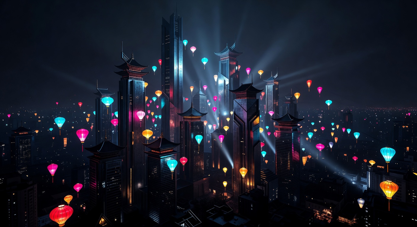 Futuristic Chinese night city skyline with glowing lanterns and deep shadows
